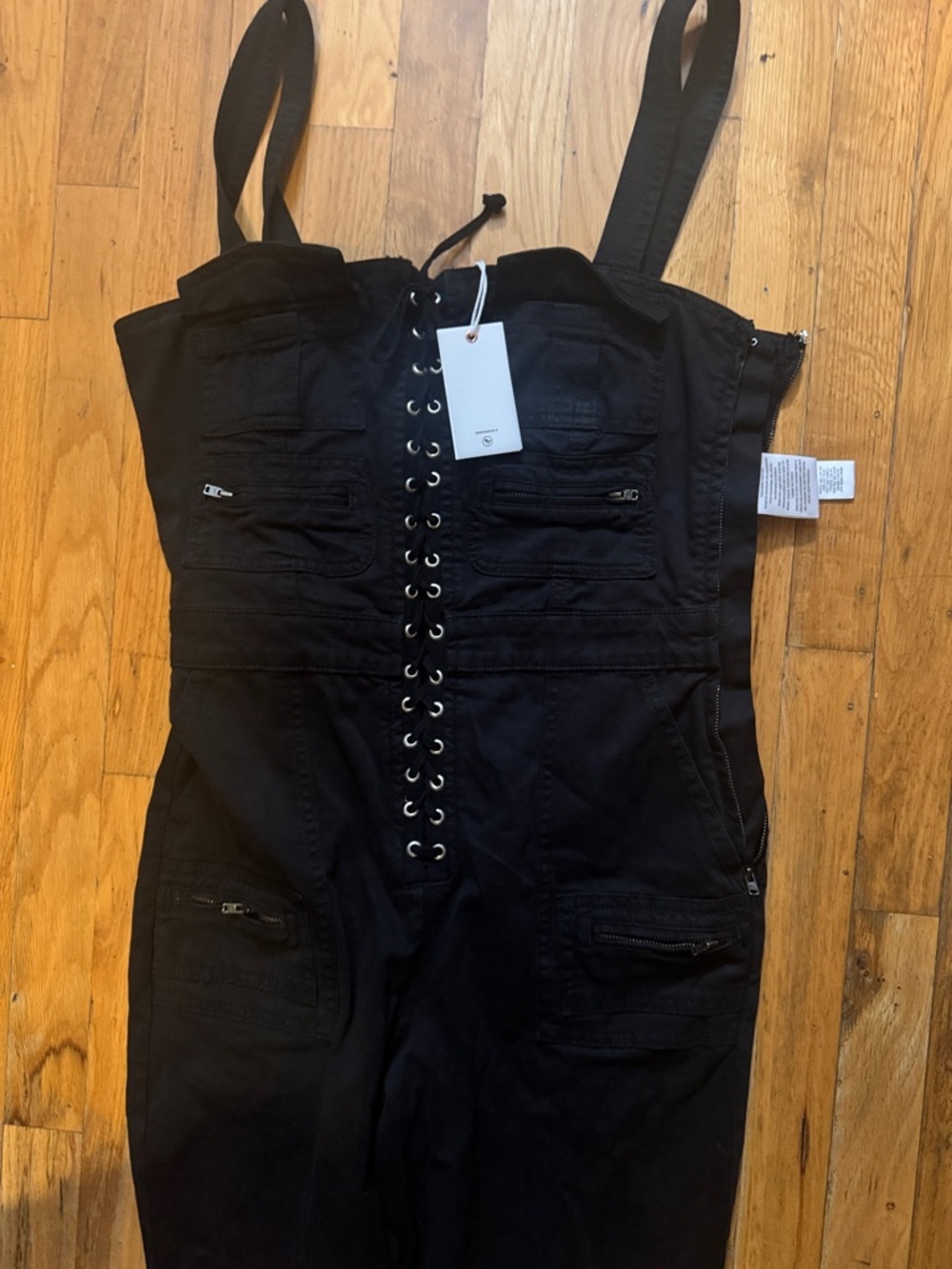 Good American Lace Up Corset Utility Jumpsuit Black Sz M NWT Flare Sold Out - Picture 7 of 12